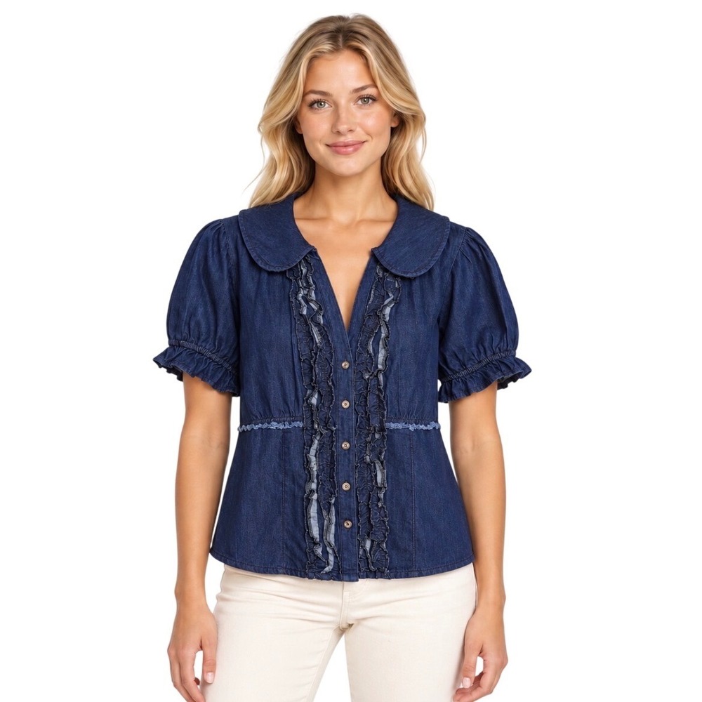 Pilcro Denim Ruffle Front Blouse Anthropologie Blue Short Puff Sleeve Top Large